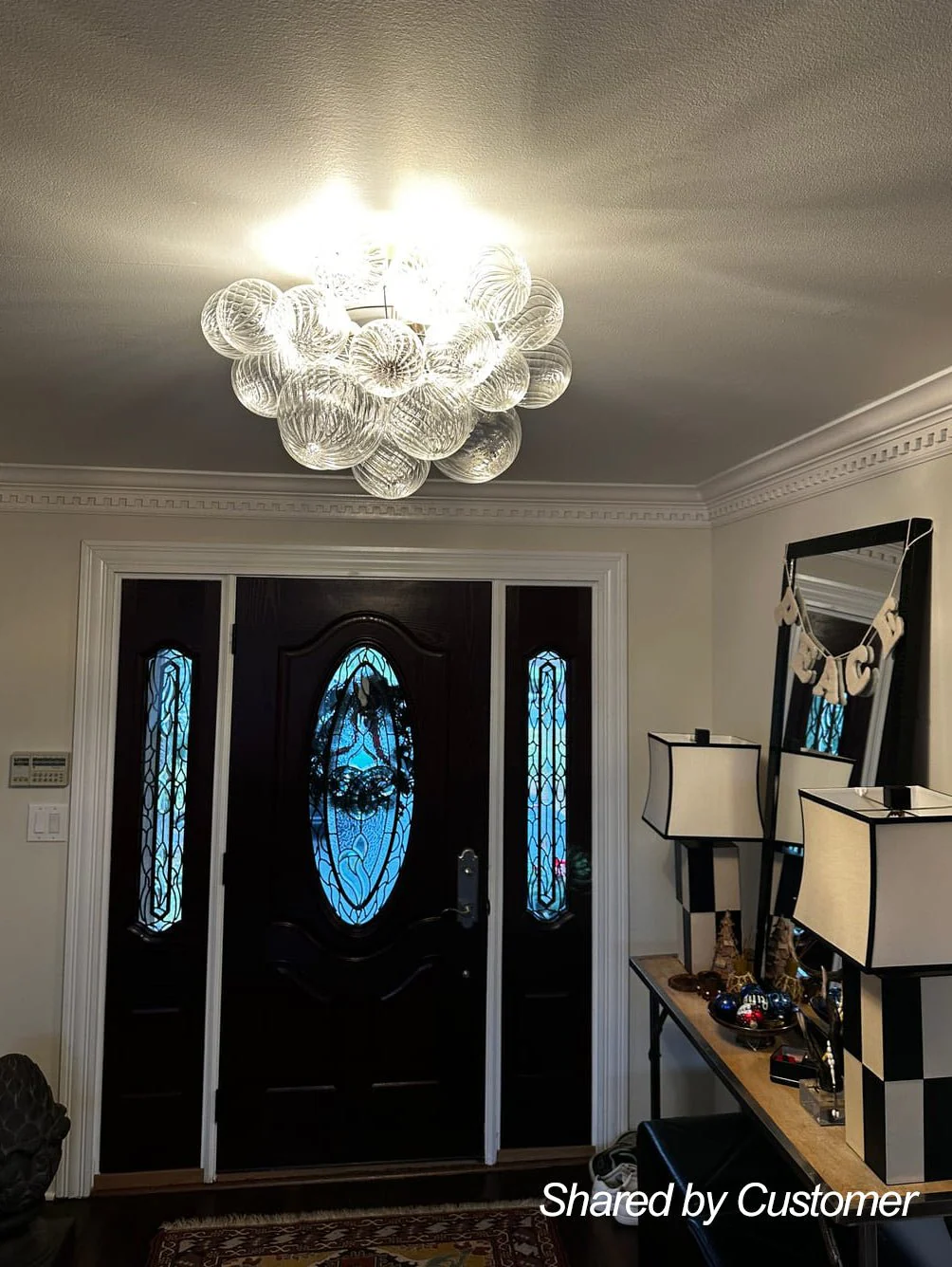 3-Light Brass Cluster Ribbed Glass Bubble Semi Flush Chandelier - Image 5