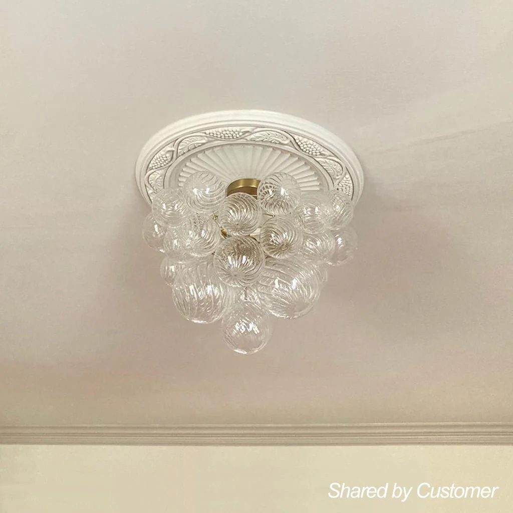 3-Light Brass Cluster Ribbed Glass Bubble Semi Flush Chandelier - Image 6