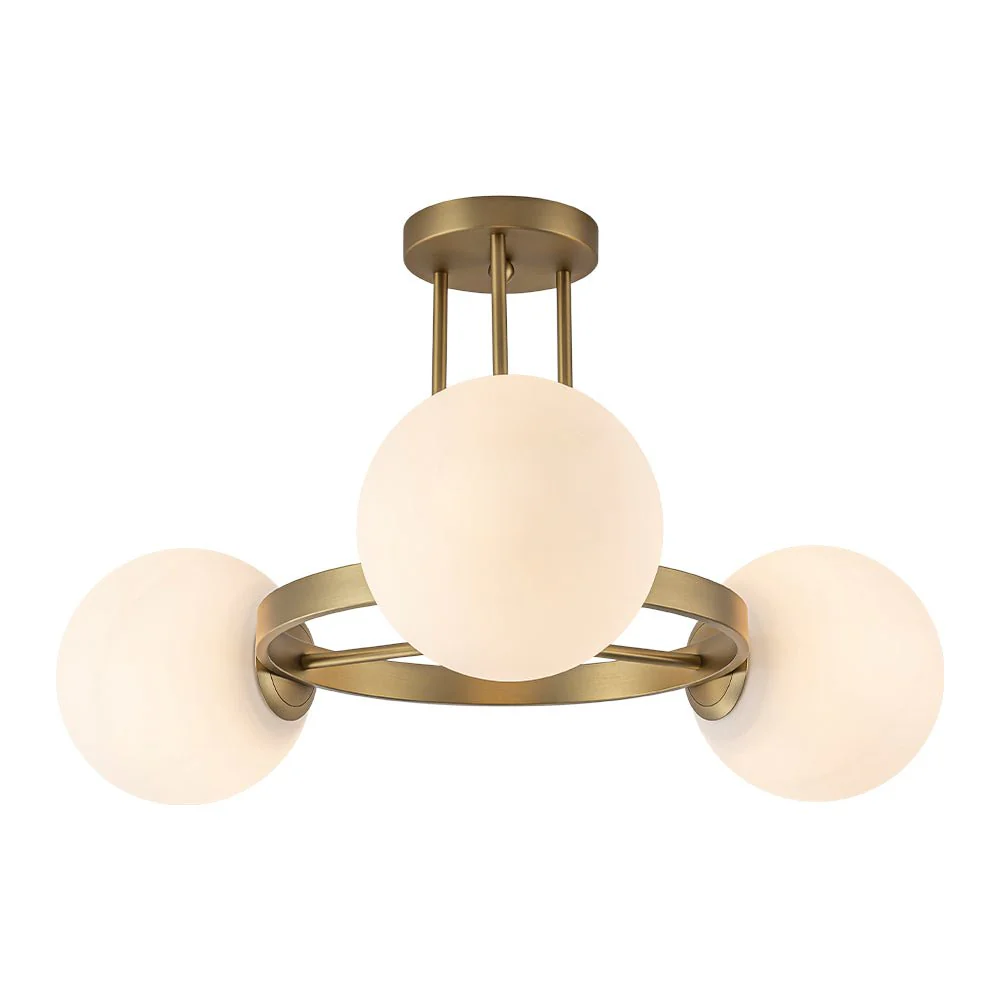 3-Light Brass Opal Glass Globe Round Ring Semi Flush Mount - Image 10
