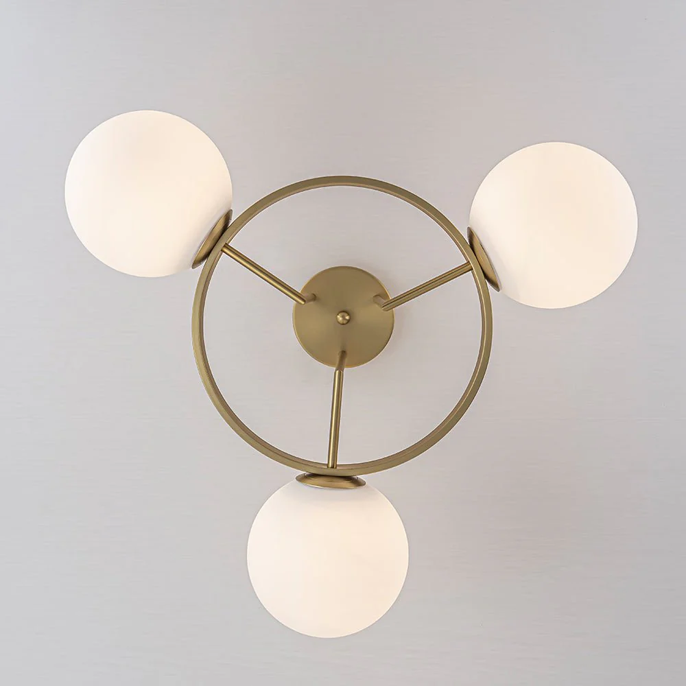 3-Light Brass Opal Glass Globe Round Ring Semi Flush Mount - Image 15