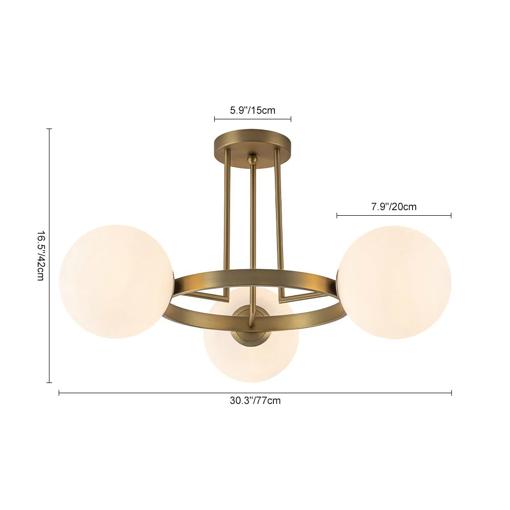 3-Light Brass Opal Glass Globe Round Ring Semi Flush Mount - Image 3