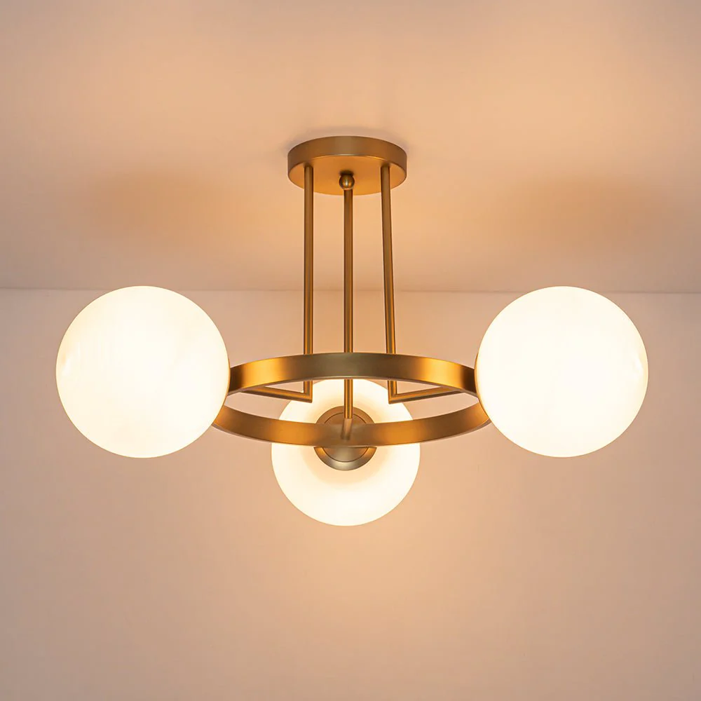3-Light Brass Opal Glass Globe Round Ring Semi Flush Mount - Image 4