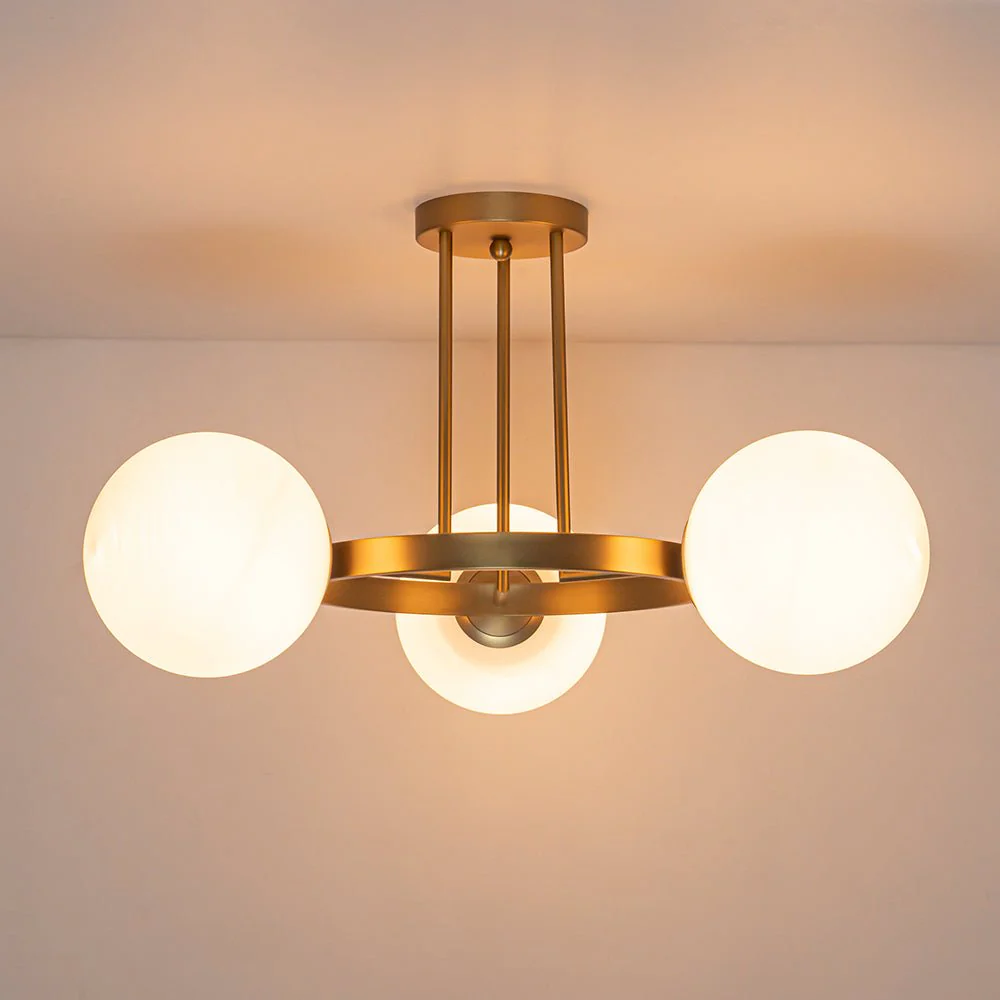 3-Light Brass Opal Glass Globe Round Ring Semi Flush Mount - Image 5