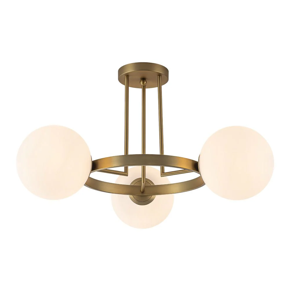 3-Light Brass Opal Glass Globe Round Ring Semi Flush Mount - Image 6