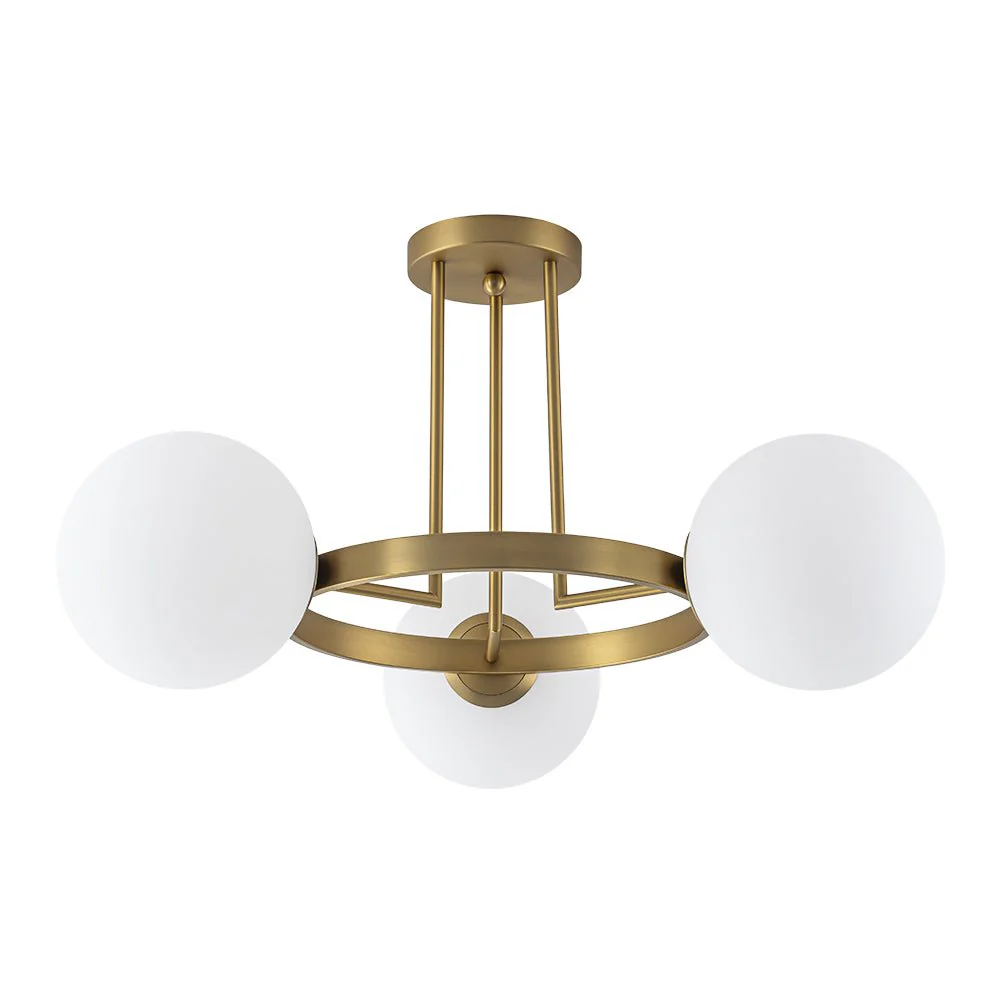 3-Light Brass Opal Glass Globe Round Ring Semi Flush Mount - Image 7