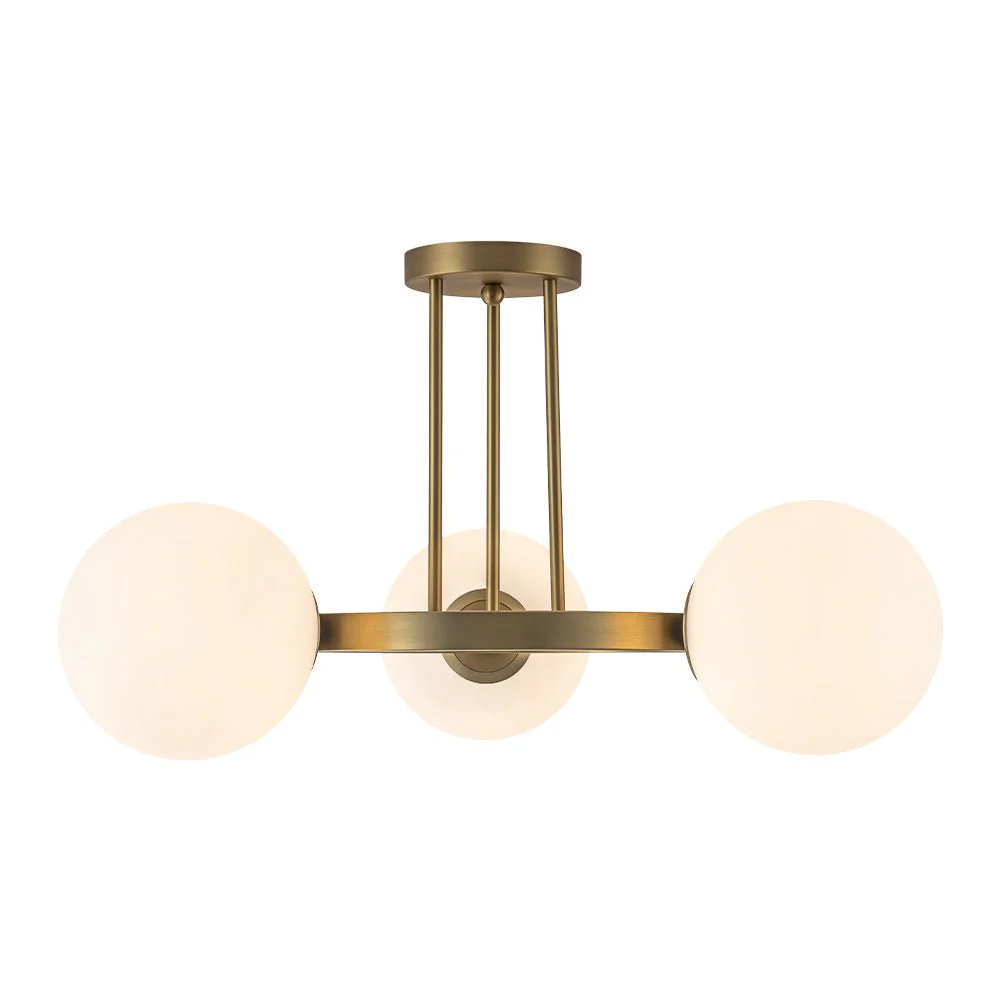 3-Light Brass Opal Glass Globe Round Ring Semi Flush Mount - Image 8