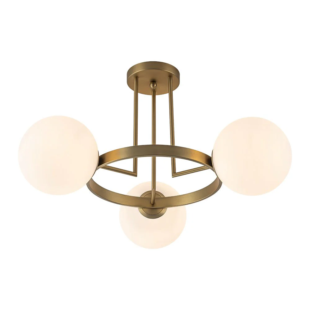 3-Light Brass Opal Glass Globe Round Ring Semi Flush Mount - Image 9