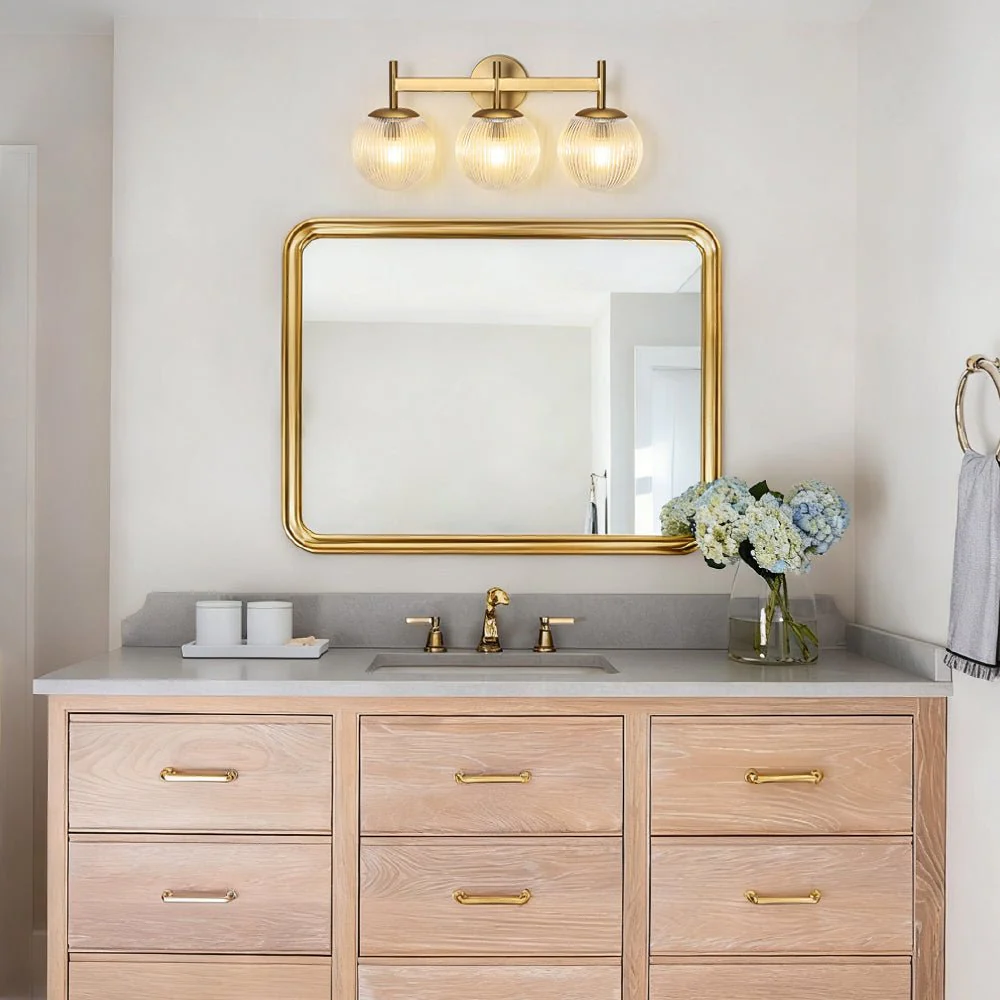 3-Light Brass Ribbed  Glass Globe Vanity Wall Sconce - Image 2