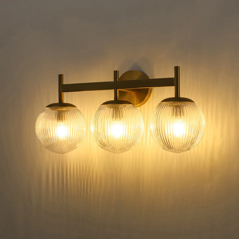 3-Light Brass Ribbed  Glass Globe Vanity Wall Sconce - Image 4