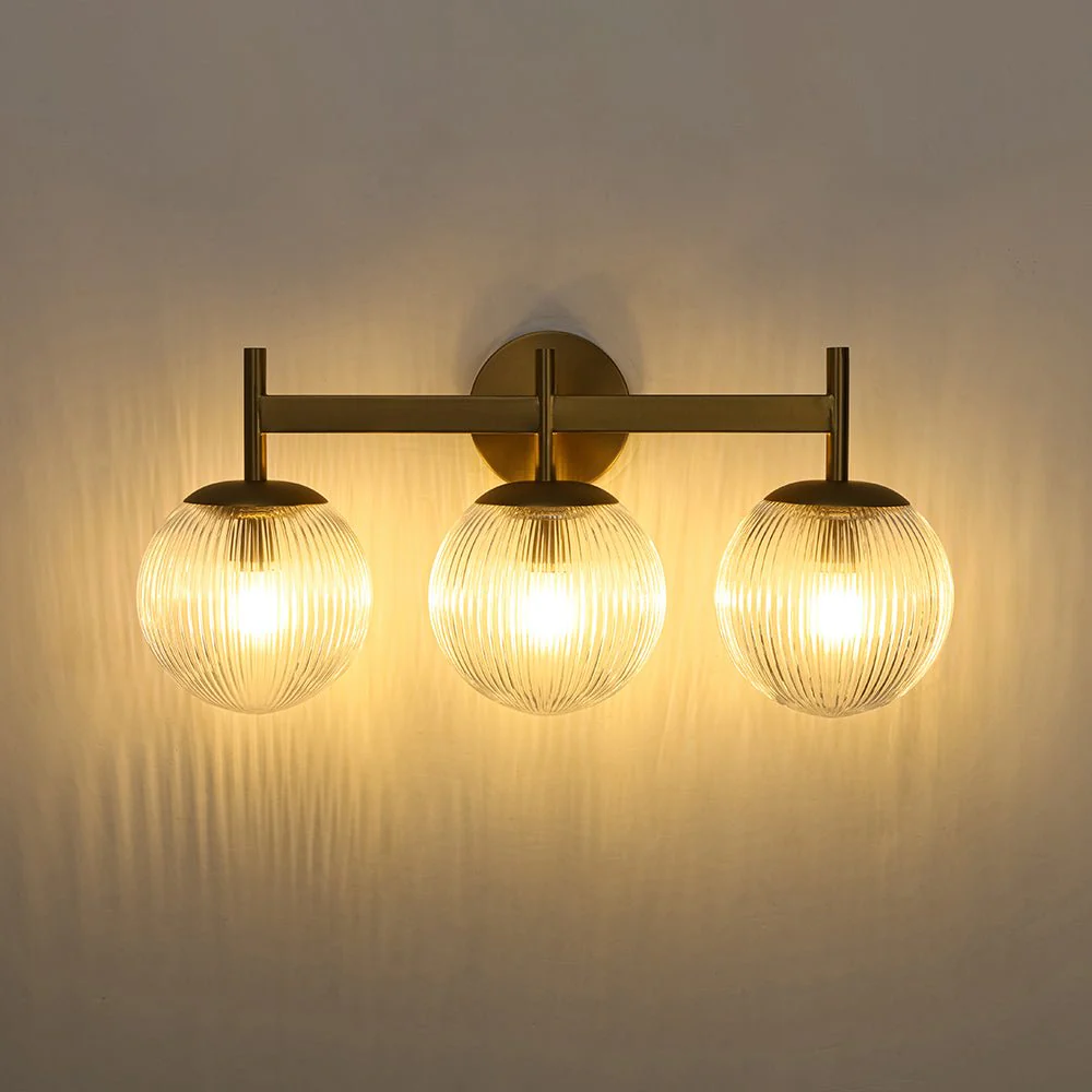 3-Light Brass Ribbed  Glass Globe Vanity Wall Sconce - Image 5