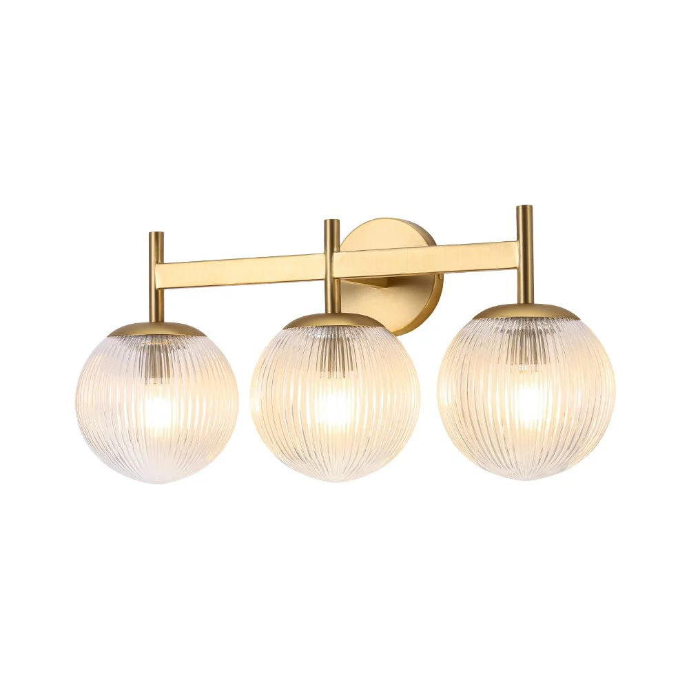 3-Light Brass Ribbed  Glass Globe Vanity Wall Sconce - Image 6