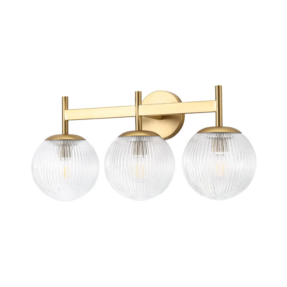 3-Light Brass Ribbed  Glass Globe Vanity Wall Sconce - Image 7