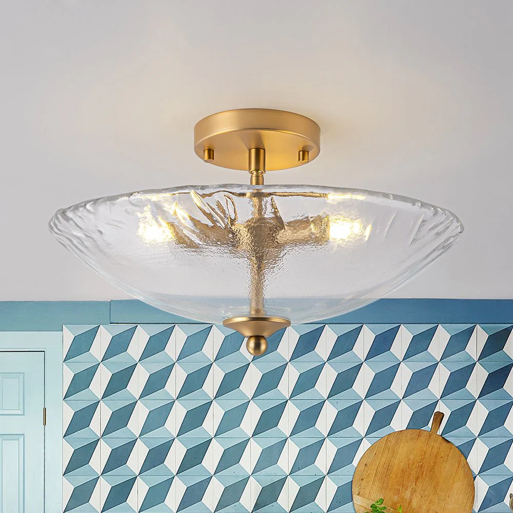 3-Light Brass Textured Glass Bowl Round Semi Flush Mount - Image 3