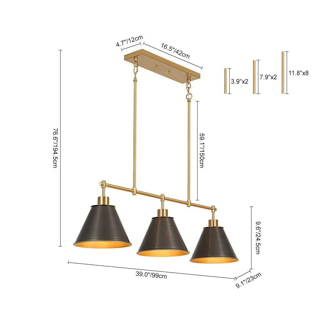 3-Light Brushed Gold Black Cone Island Chandelier - Image 8
