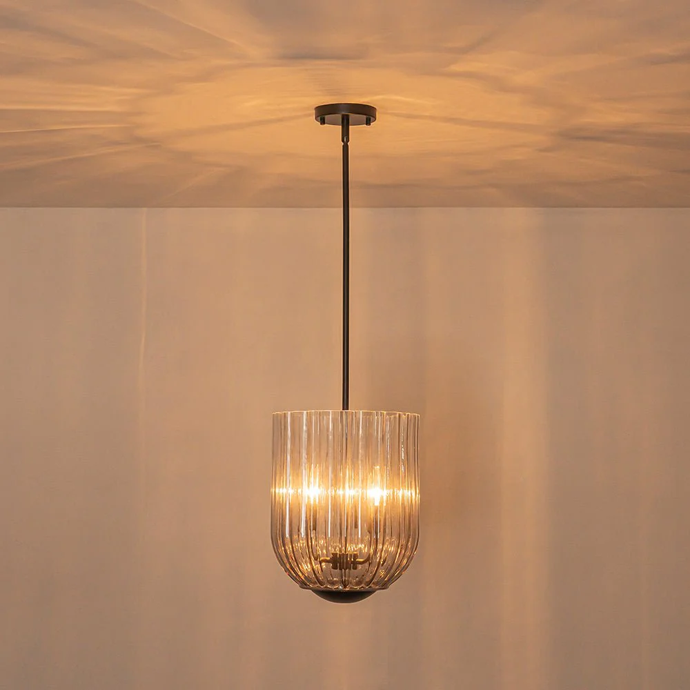 3-Light Candle Style Bell Ribbed Tinted Glass Ceiling Pendant - Image 23