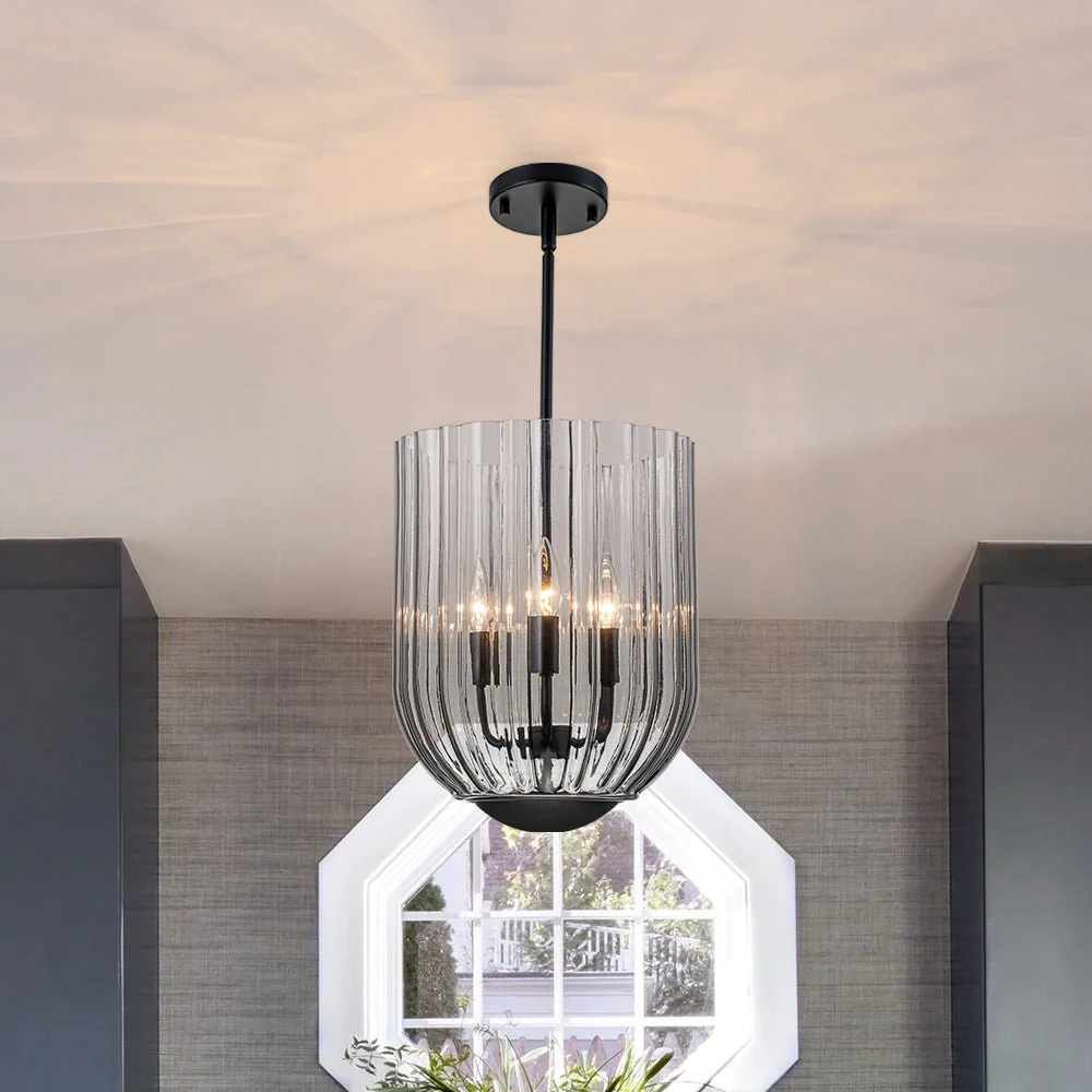 3-Light Candle Style Bell Ribbed Tinted Glass Ceiling Pendant - Image 3