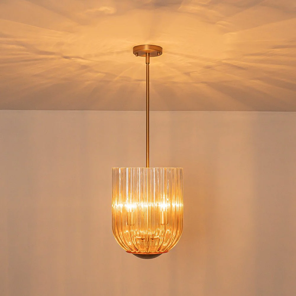 3-Light Candle Style Bell Ribbed Tinted Glass Ceiling Pendant - Image 6