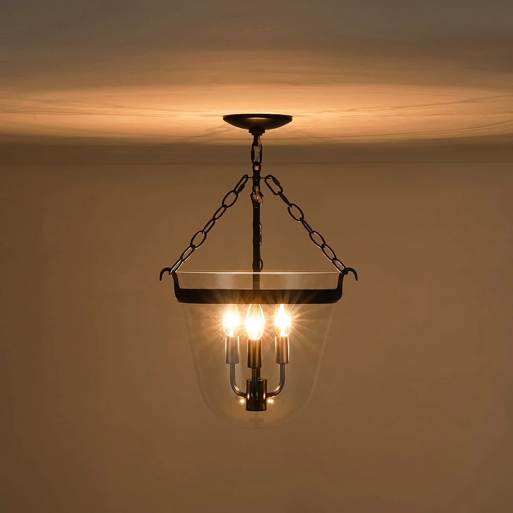 3-Light Clear Glass Bell Jar Lantern Pendant / Semi Flush - Image 19