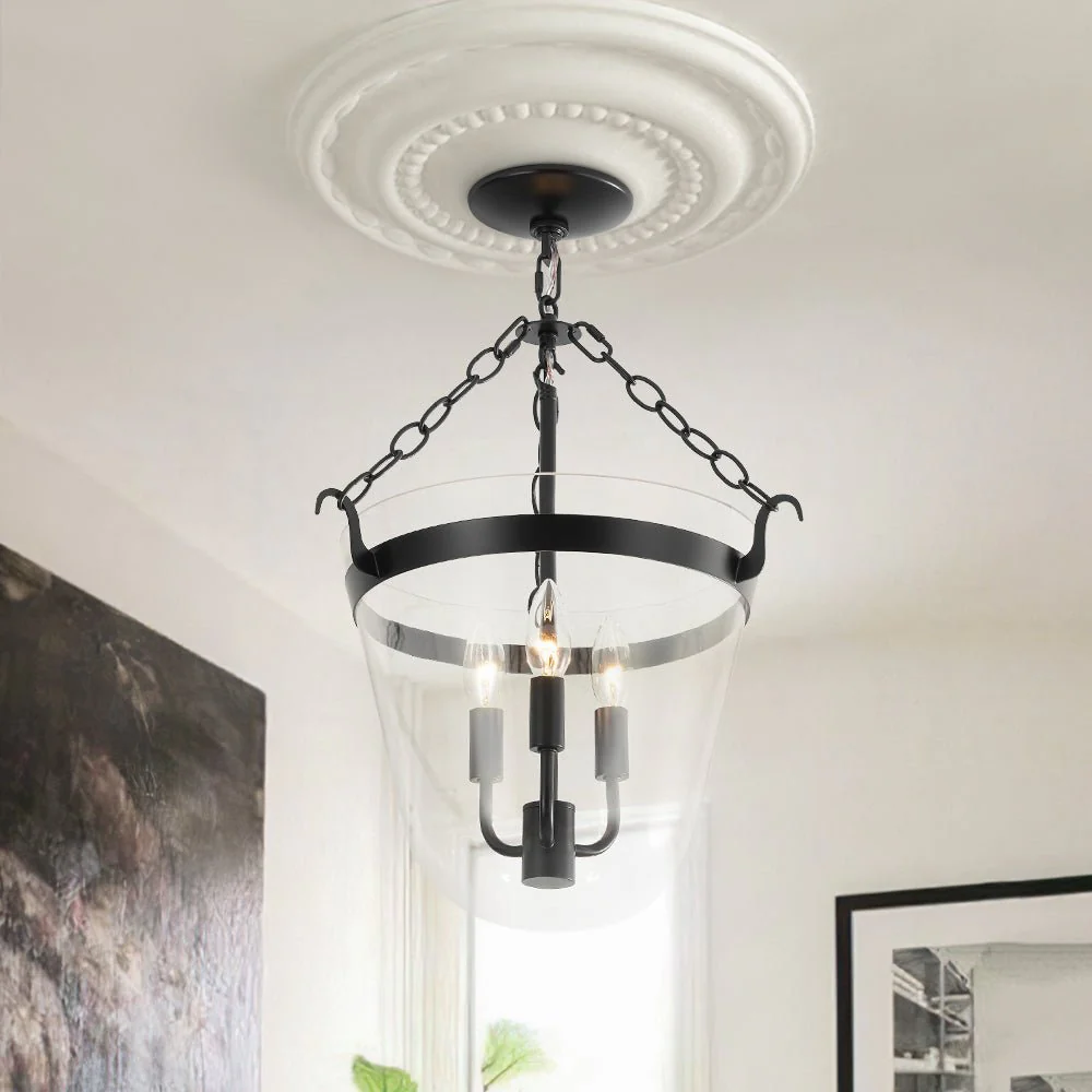 3-Light Clear Glass Bell Jar Lantern Pendant / Semi Flush - Image 4