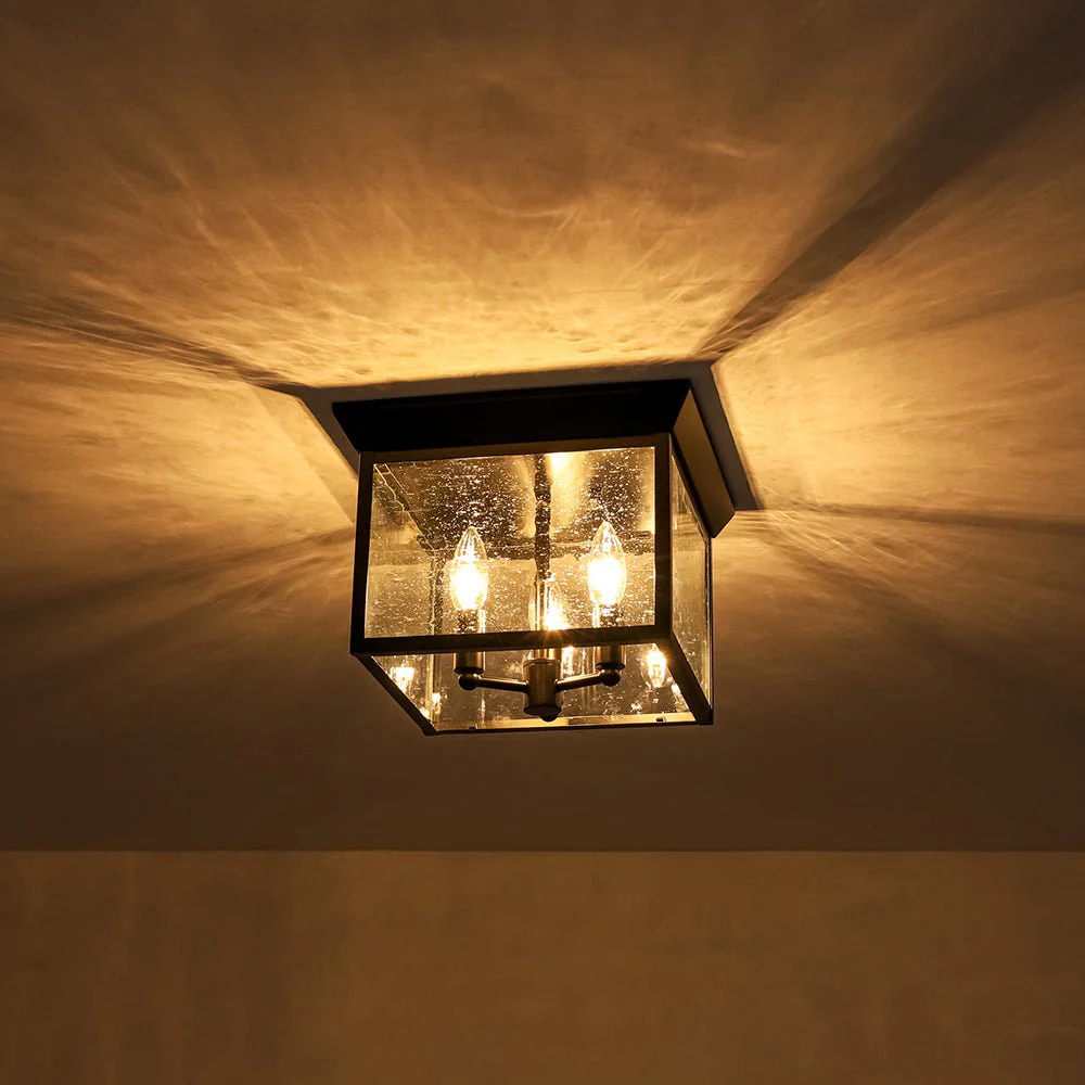 3-Light Clear Seeded Glass Black Square Cage Ceiling Light - Image 10
