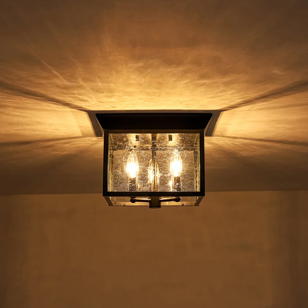 3-Light Clear Seeded Glass Black Square Cage Ceiling Light - Image 11