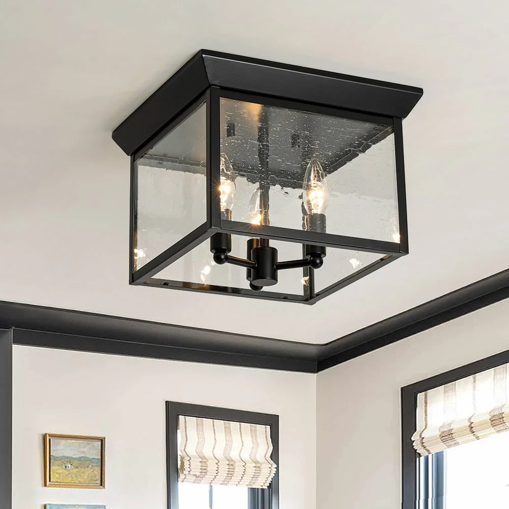 3-Light Clear Seeded Glass Black Square Cage Ceiling Light - Image 2