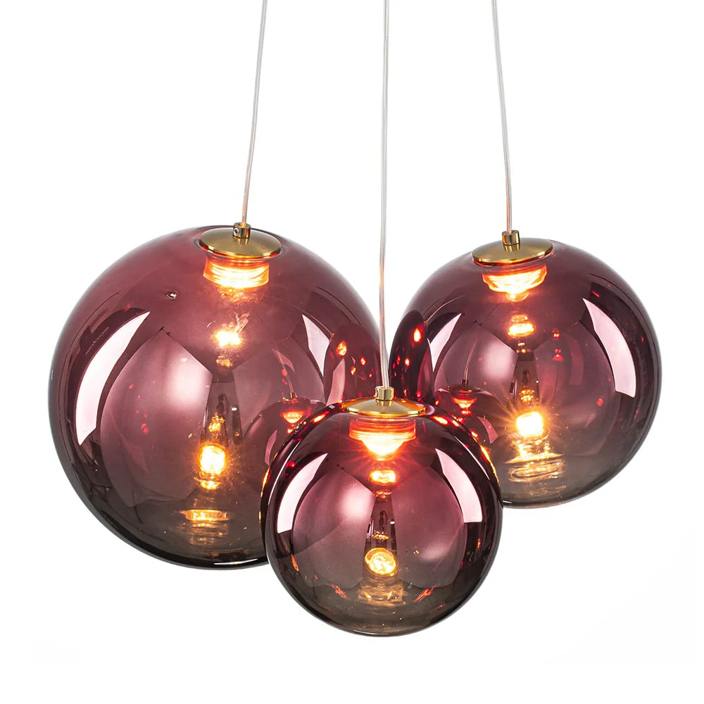 3-Light Cluster Gold Ruby Glass Globe Dimmable LED Pendant - Image 13
