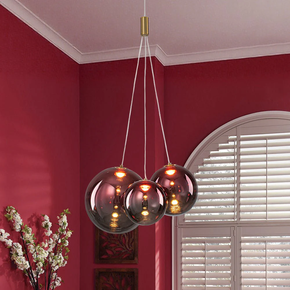 3-Light Cluster Gold Ruby Glass Globe Dimmable LED Pendant - Image 2