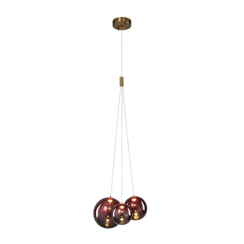 3-Light Cluster Gold Ruby Glass Globe Dimmable LED Pendant - Image 5