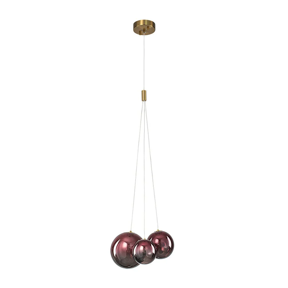 3-Light Cluster Gold Ruby Glass Globe Dimmable LED Pendant - Image 6