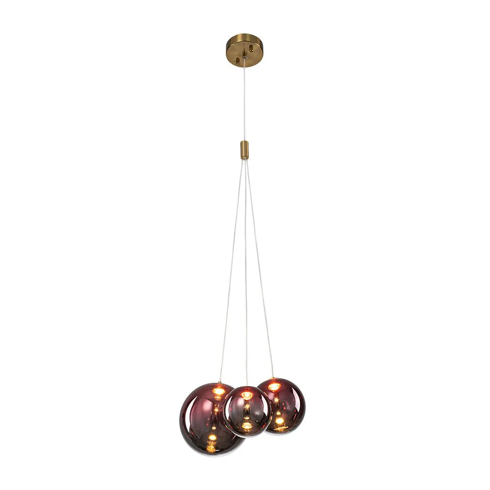 3-Light Cluster Gold Ruby Glass Globe Dimmable LED Pendant - Image 7