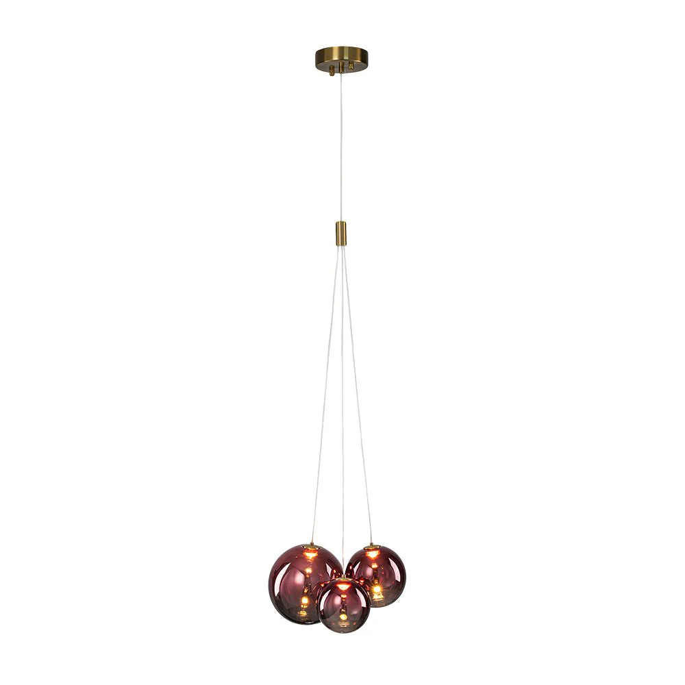 3-Light Cluster Gold Ruby Glass Globe Dimmable LED Pendant - Image 8