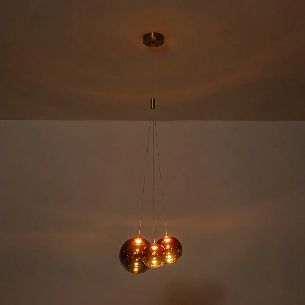 3-Light Cluster Gold Ruby Glass Globe Dimmable LED Pendant - Image 9