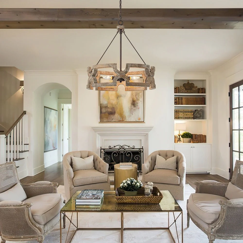 3-Light Farmhouse Open Aged Wood Drum Pendant Light - Image 2