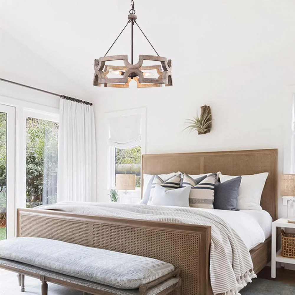 3-Light Farmhouse Open Aged Wood Drum Pendant Light - Image 3