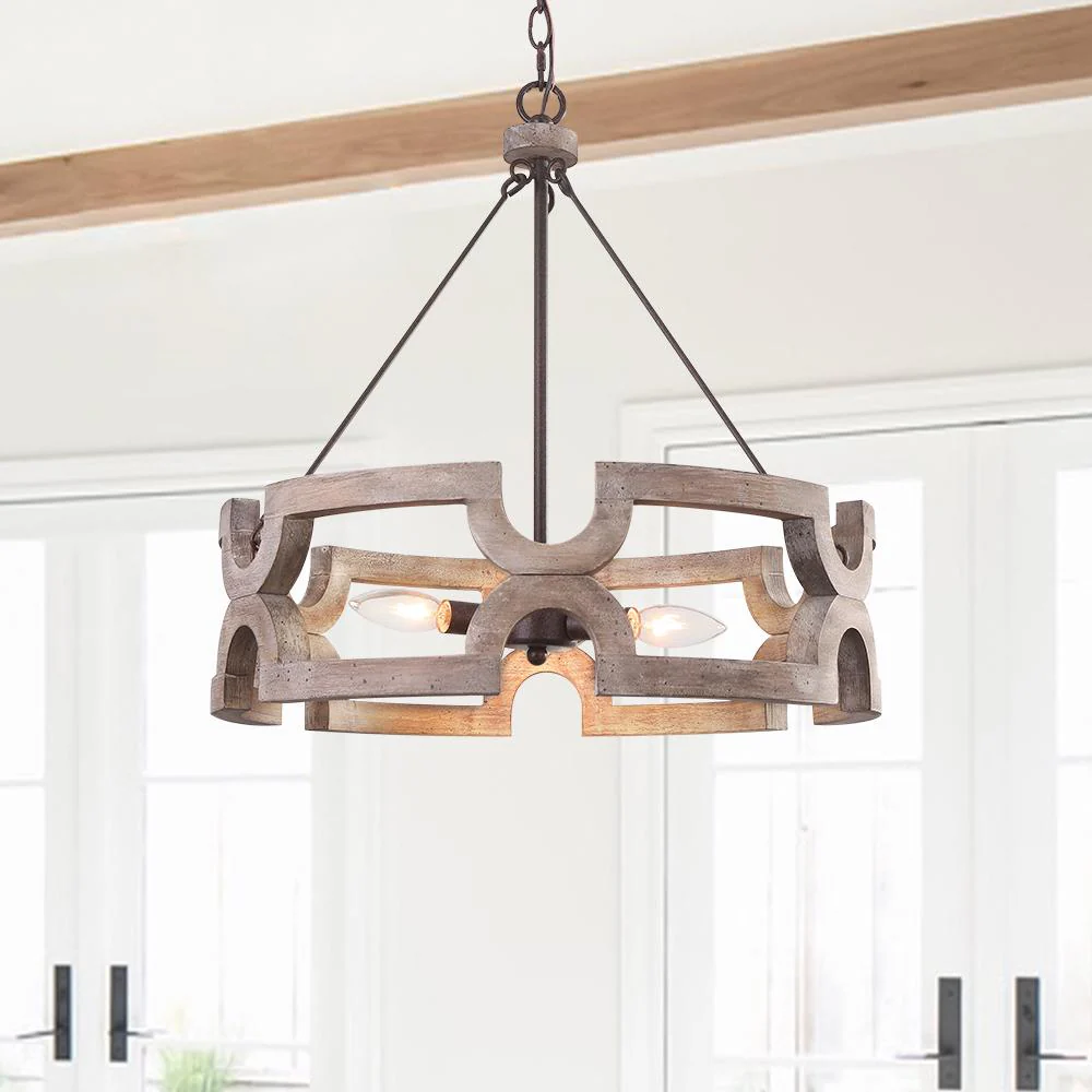 3-Light Farmhouse Open Aged Wood Drum Pendant Light - Image 4