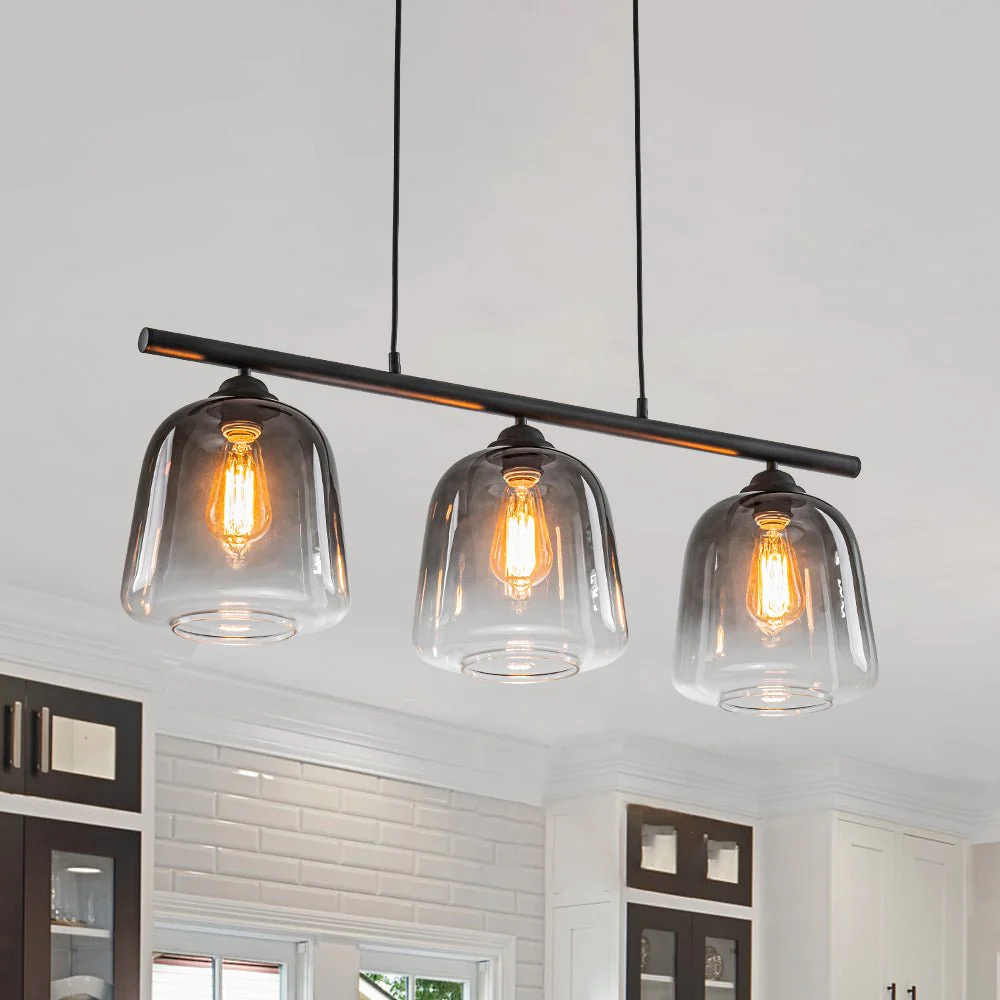 3-Light Gradual Smoked Glass Shade Linear Island Pendant