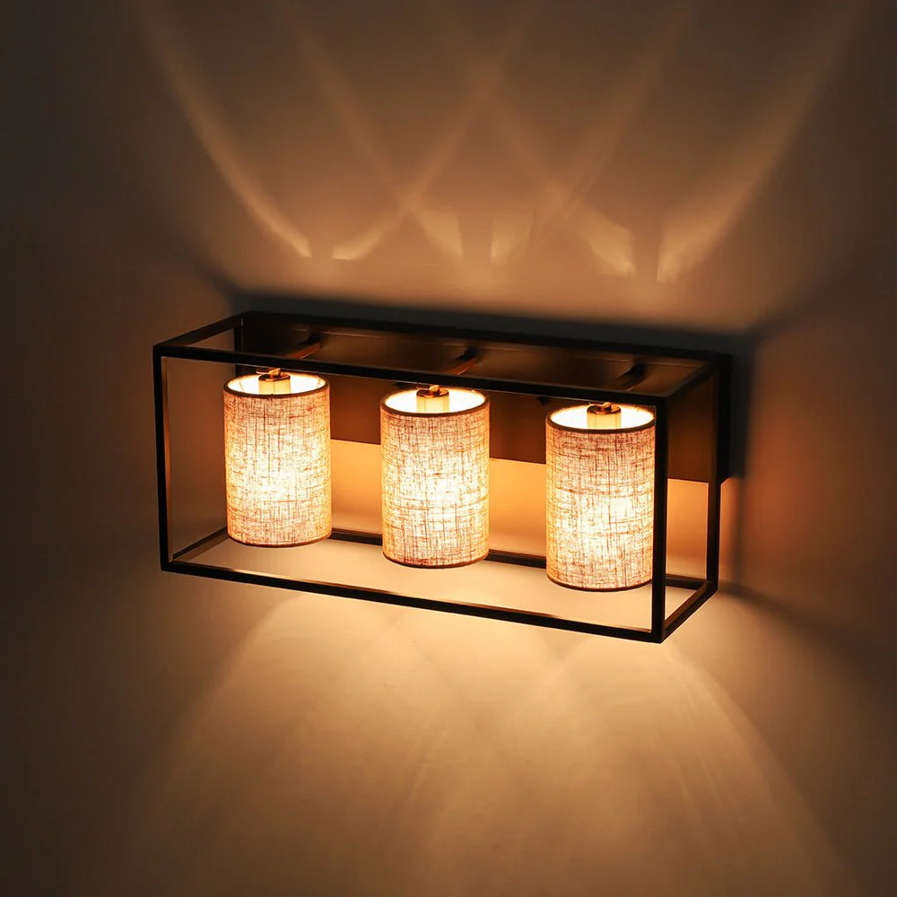 3-light Rectangular Black Frame Linen Wall Sconce - Image 10