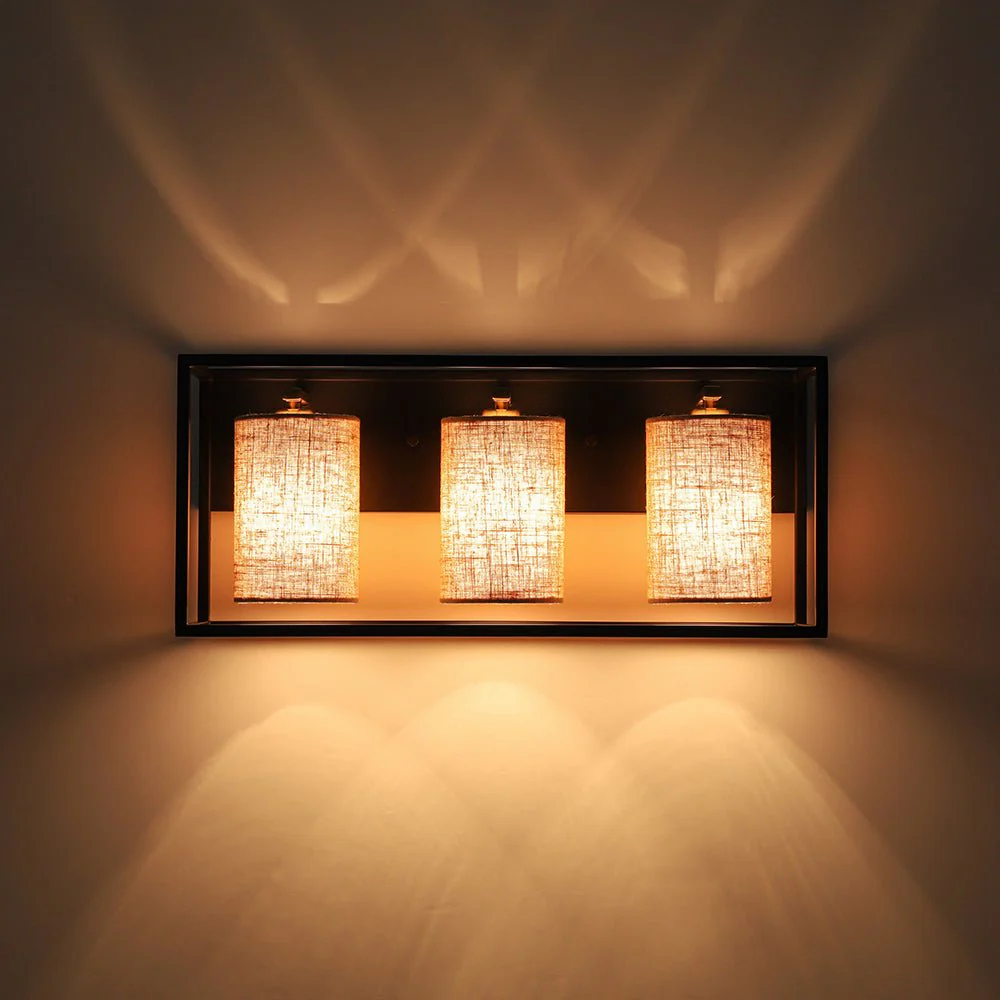 3-light Rectangular Black Frame Linen Wall Sconce - Image 8