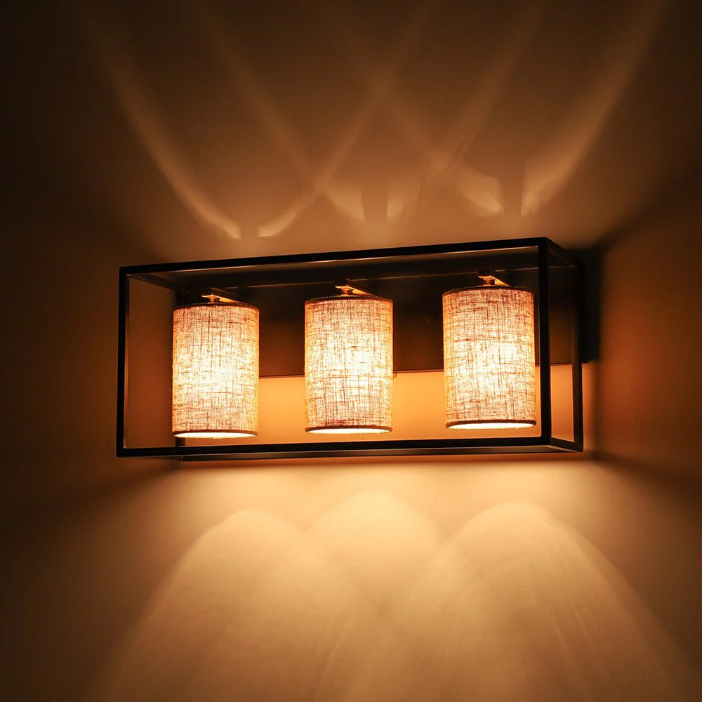 3-light Rectangular Black Frame Linen Wall Sconce - Image 9