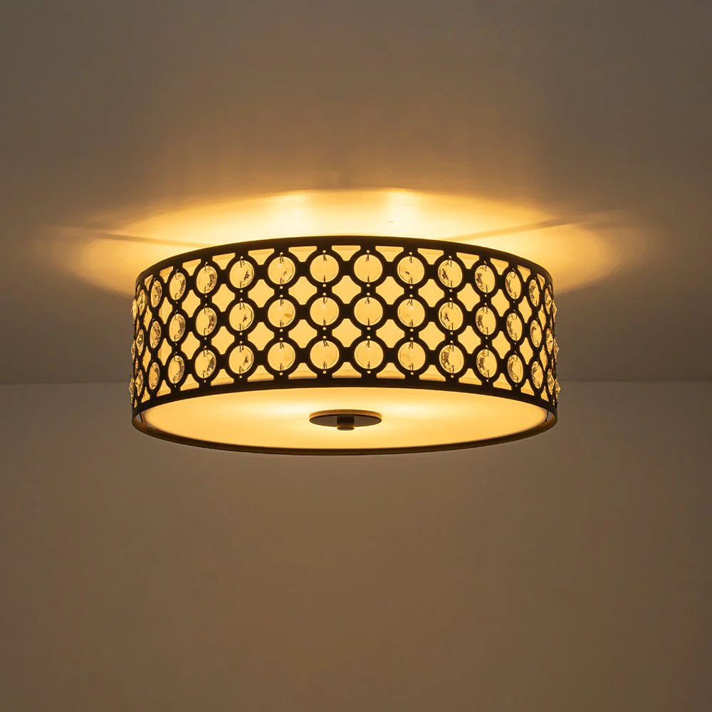 3-Light Round Drum Crystal Accented Fabric Flush Mount - Image 3