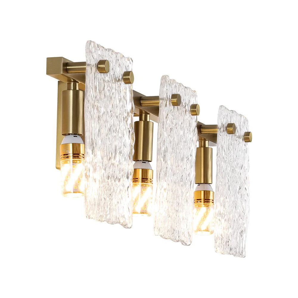3-Light Water Glass Square Panel Brass Vanity Wall Sconce - Image 12