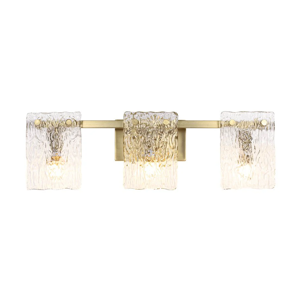 3-Light Water Glass Square Panel Brass Vanity Wall Sconce - Image 2