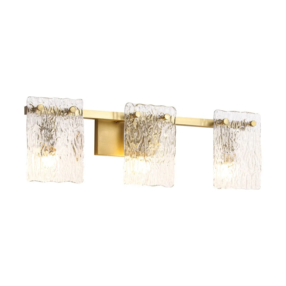3-Light Water Glass Square Panel Brass Vanity Wall Sconce - Image 3