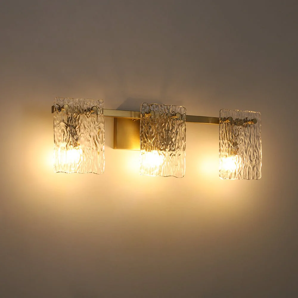 3-Light Water Glass Square Panel Brass Vanity Wall Sconce - Image 6