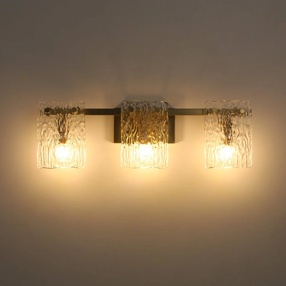 3-Light Water Glass Square Panel Brass Vanity Wall Sconce - Image 7
