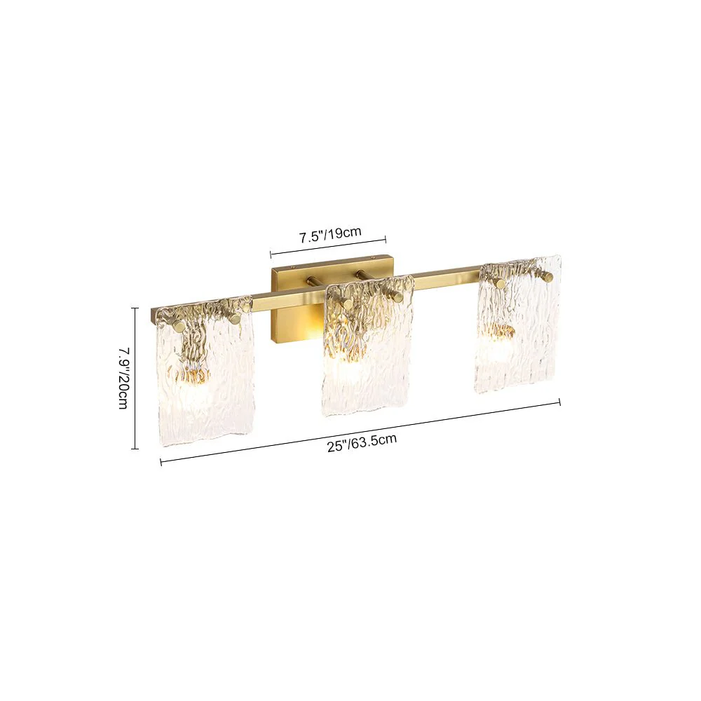 3-Light Water Glass Square Panel Brass Vanity Wall Sconce - Image 8