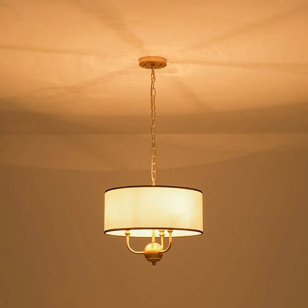 3-Light White Fabric Candle Style Round Drum Cage Pendant - Image 11