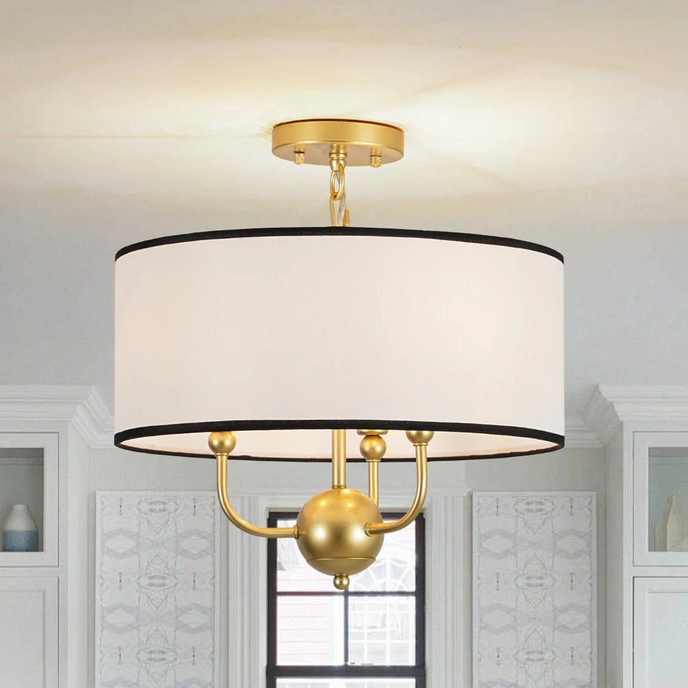 3-Light White Fabric Candle Style Round Drum Cage Pendant - Image 3