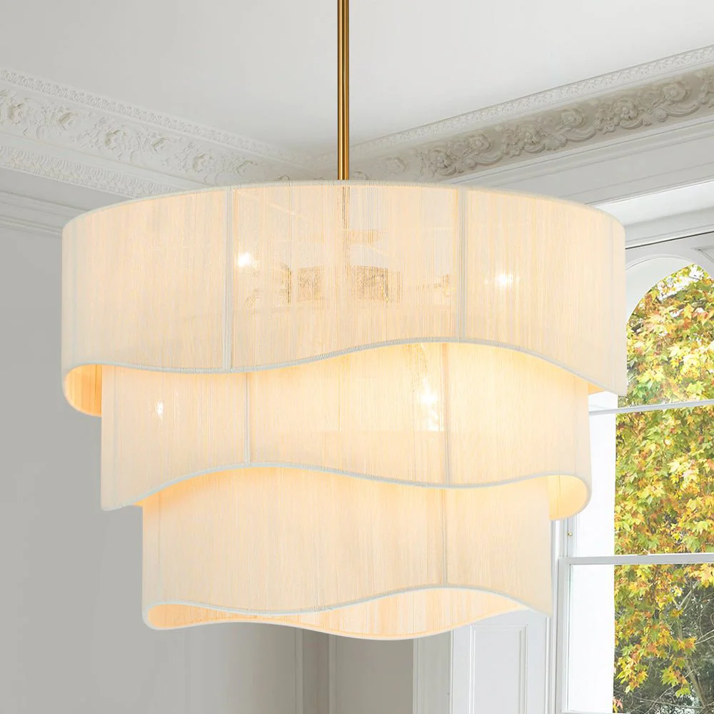 3-Tier Beige Woven Thread Drum Pendant Light - Image 3